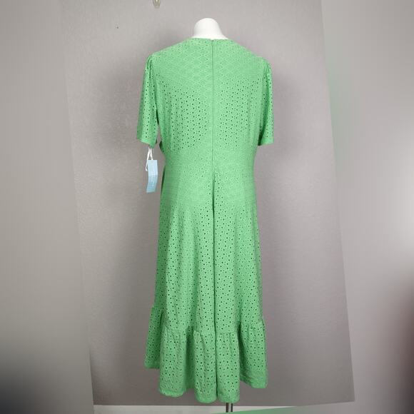 London Times Green Eyelet Ruffle Faux Wrap Midi Dress Size 14W - Picture 4 of 13